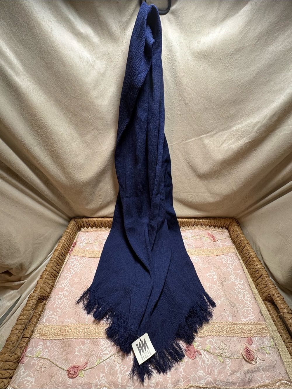 Vintage Issey Miyake Design Studio Navy 100% Silk Fringe Scarf Japan